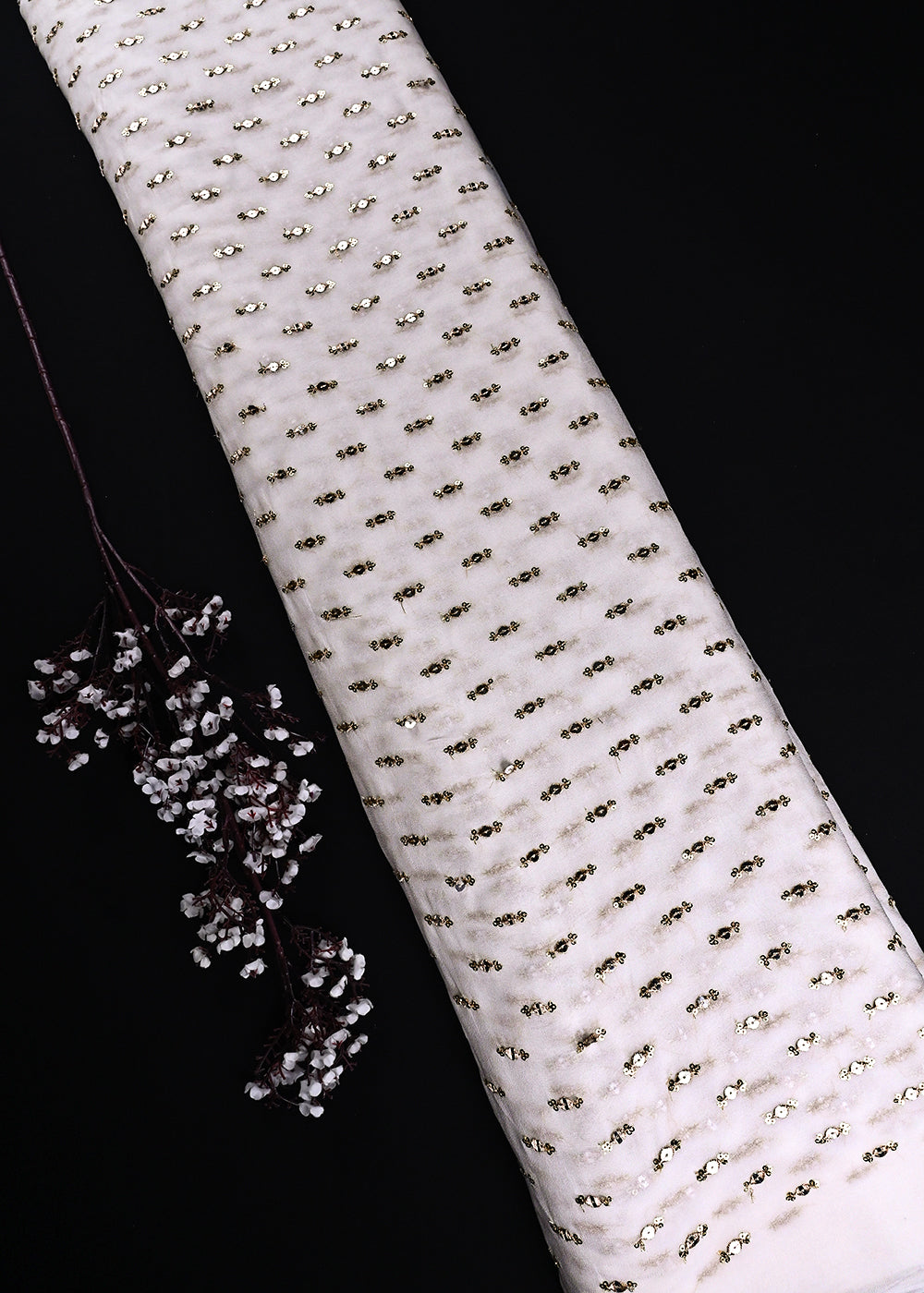 White Dyeable Georgette Fabric With All Over Buti Of Zari And Sequins Work 24245