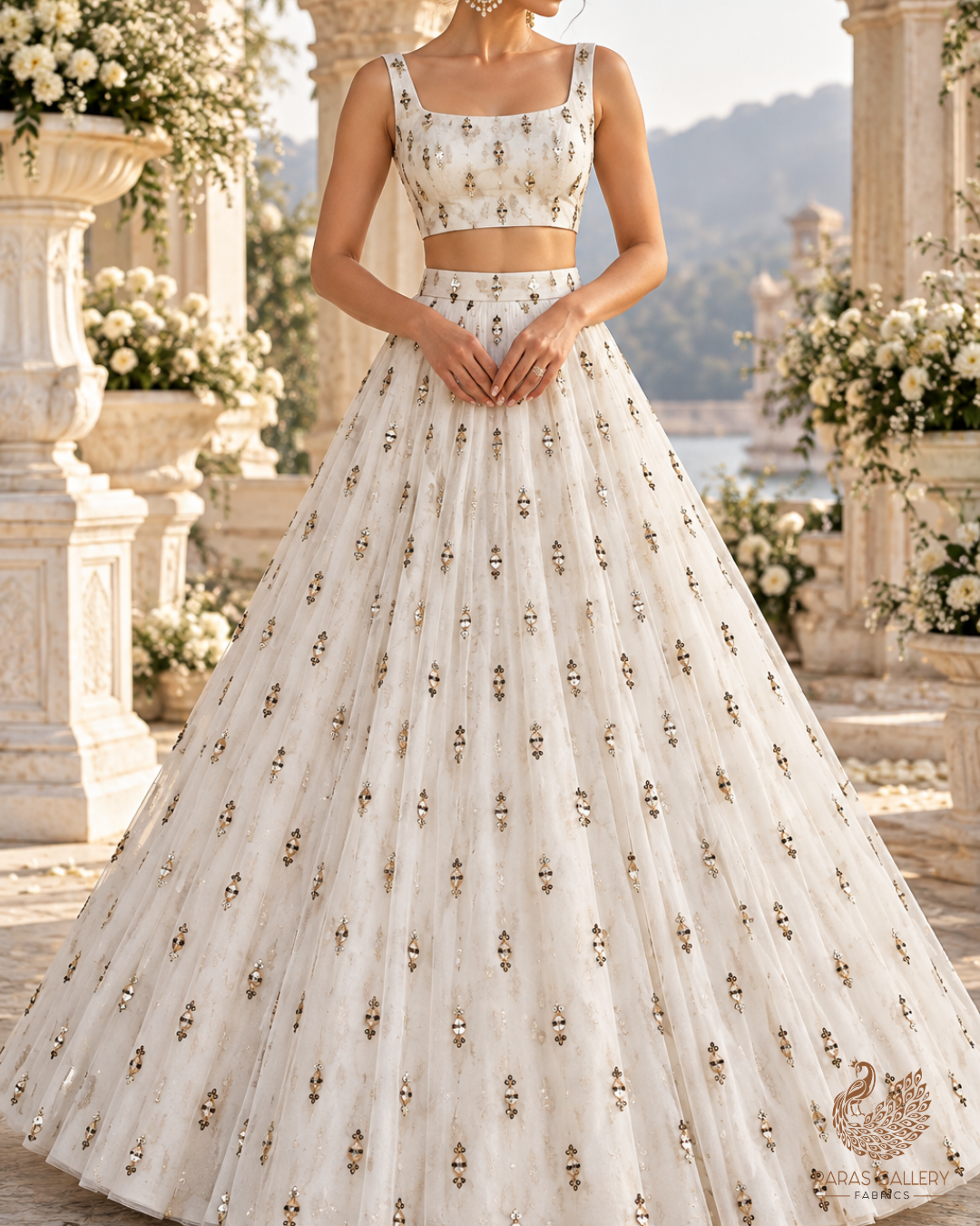 White Dyeable Georgette Fabric With All Over Buti Of Zari And Sequins Work 24245