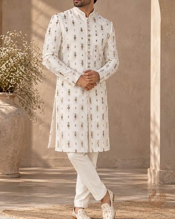 White Dyeable Georgette Fabric With All Over Buti Of Zari And Sequins Work 24245