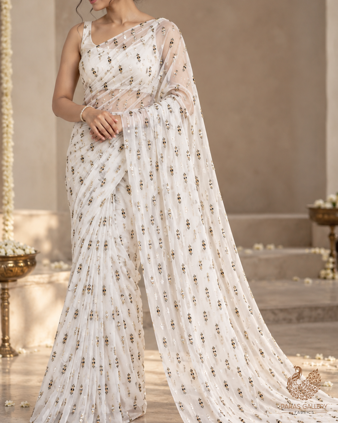 White Dyeable Georgette Fabric With All Over Buti Of Zari And Sequins Work 24245