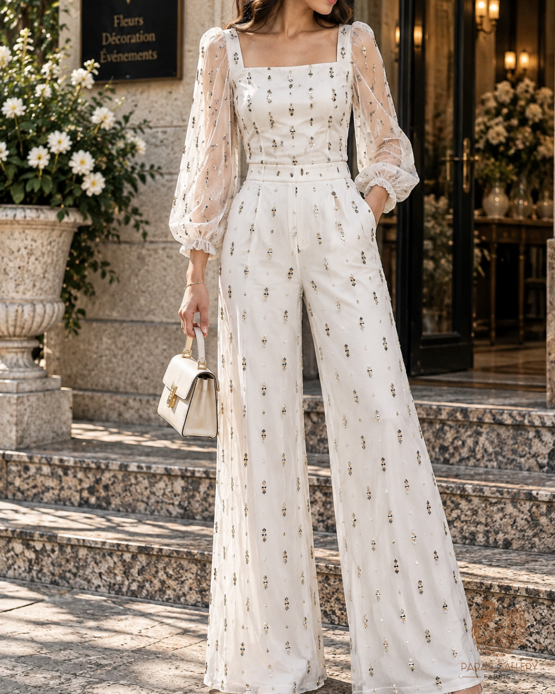 White Dyeable Georgette Fabric With All Over Buti Of Zari And Sequins Work 24245
