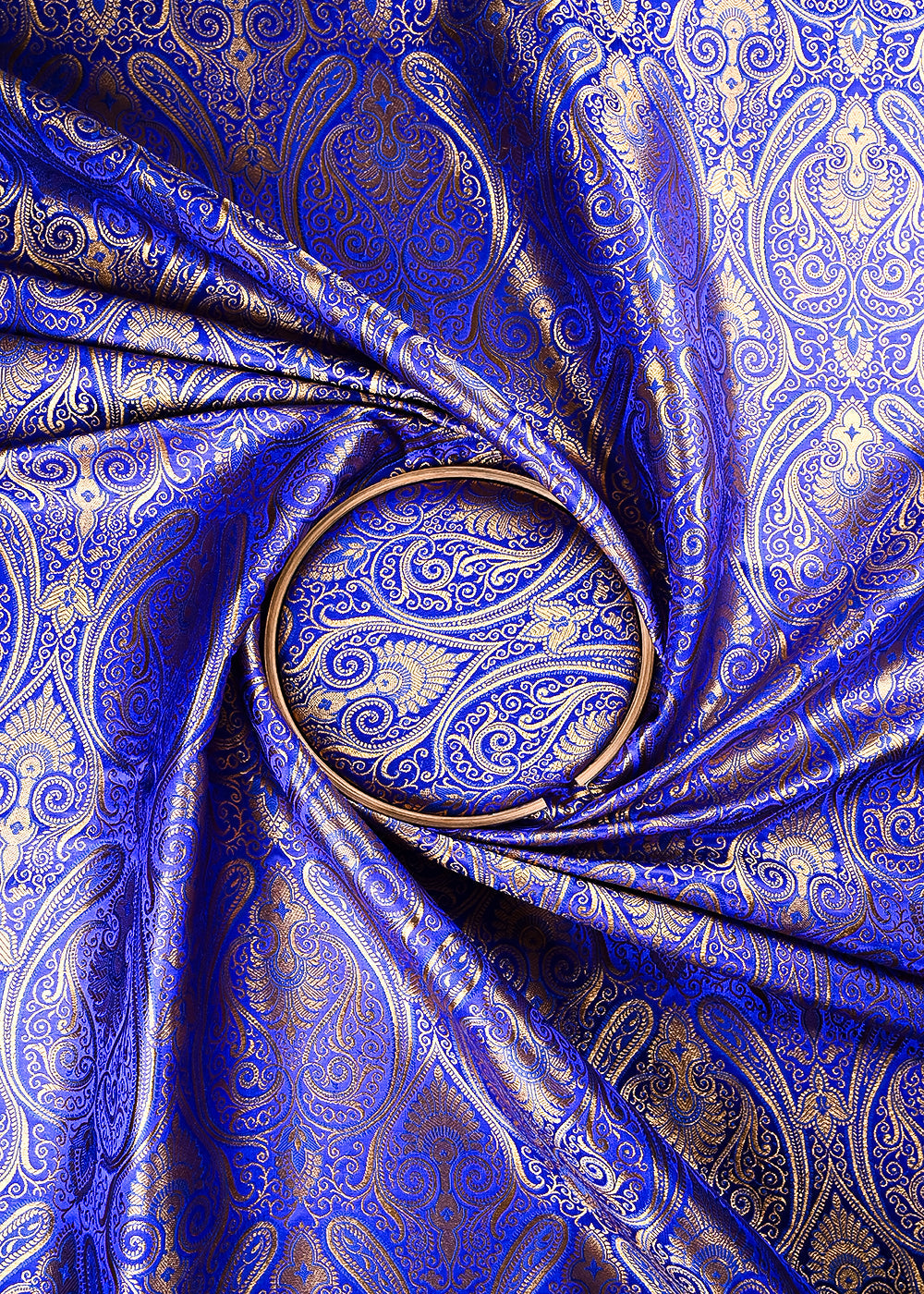 Royal Blue Banarasi Brocade Fabric With All Over Thread And Zari Handloom 24250