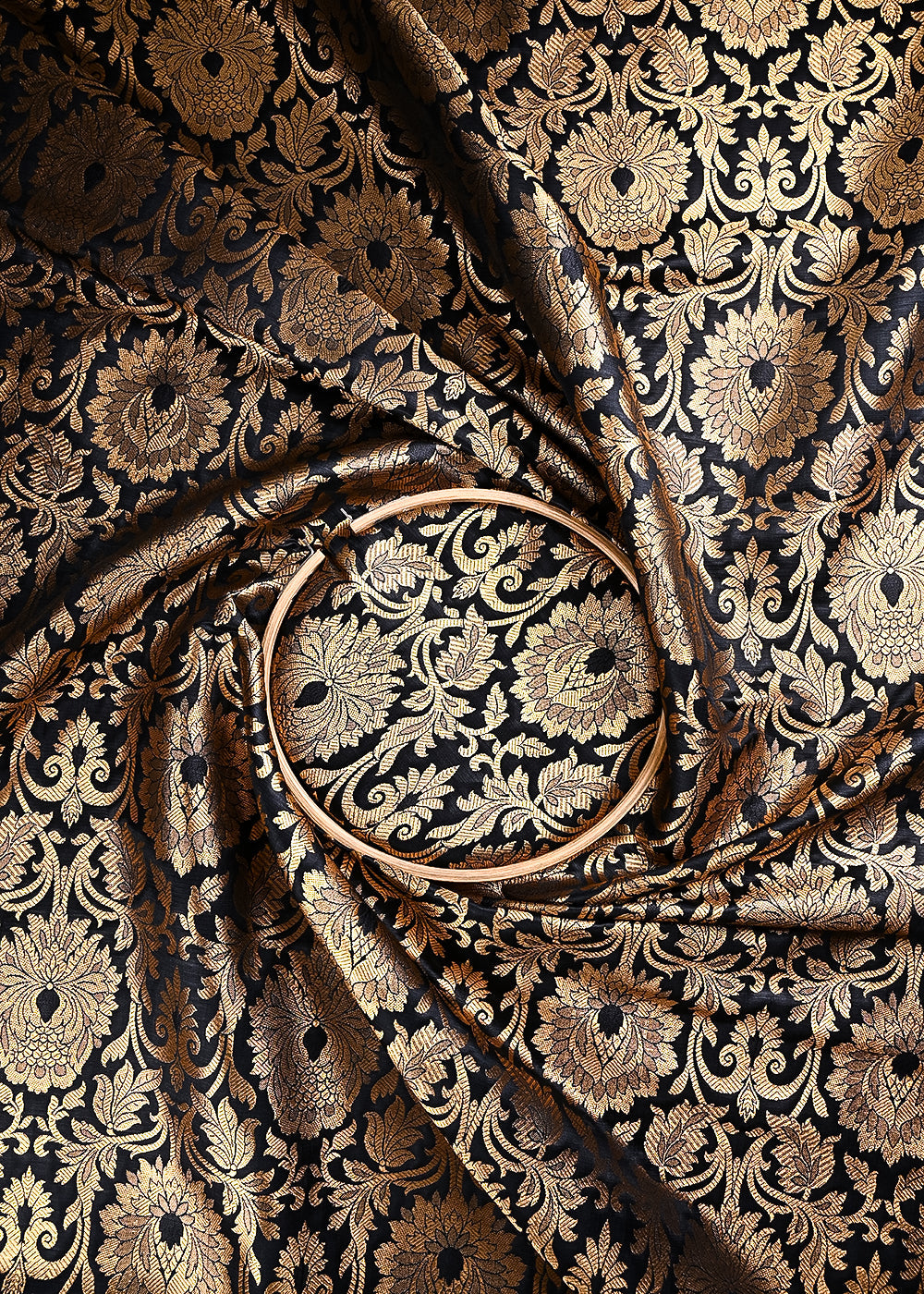 Black Banarasi Brocade Fabric With All Over Thread And Golden Zari Handloom 24252