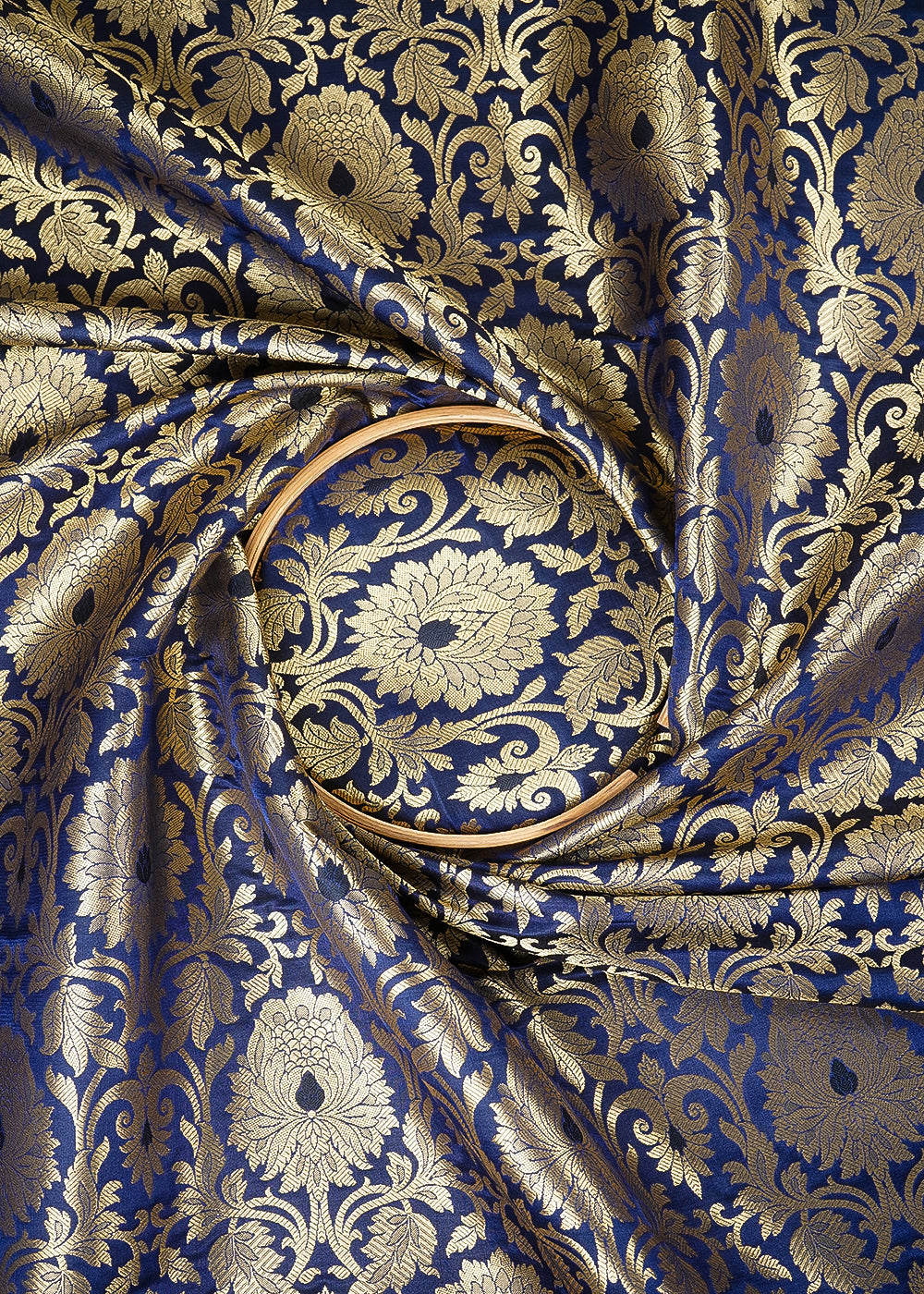 Navy Blue Banarasi Brocade Fabric With All Over Thread And Golden Zari Handloom 24253