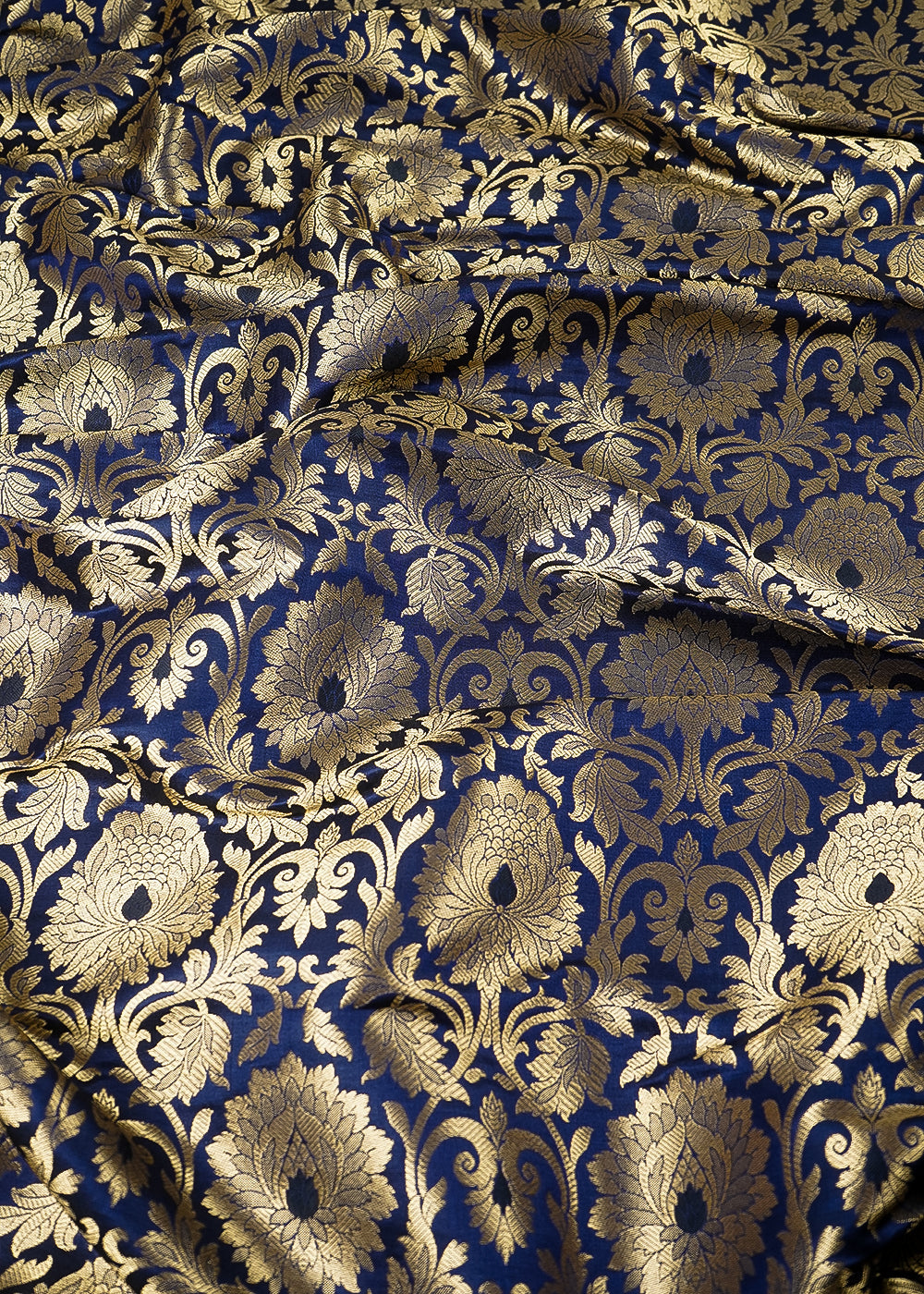 Navy Blue Banarasi Brocade Fabric With All Over Thread And Golden Zari Handloom 24253