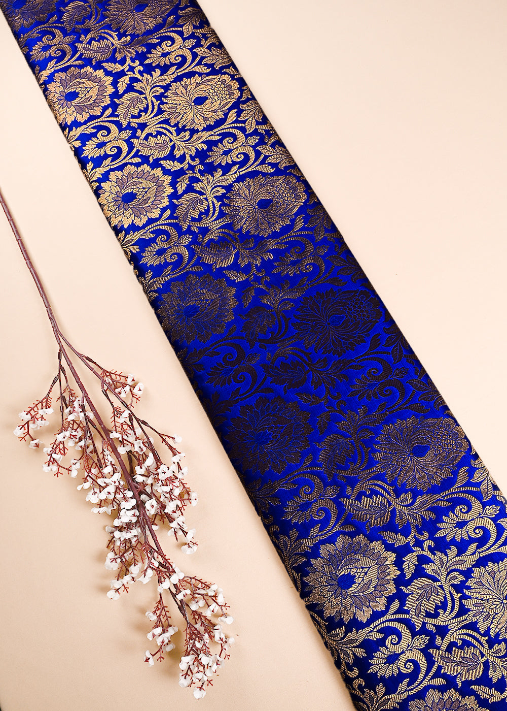 Royal Blue Banarasi Brocade Fabric With All Over Thread And Zari Handloom 24254