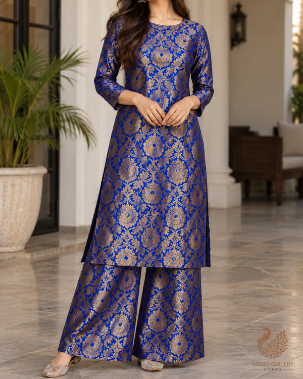 Royal Blue Banarasi Brocade Fabric With All Over Thread And Zari Handloom 24254