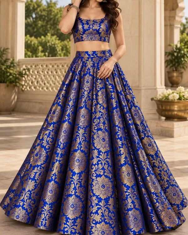 Royal Blue Banarasi Brocade Fabric With All Over Thread And Zari Handloom 24254