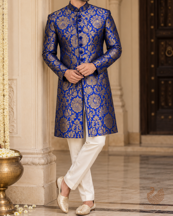 Royal Blue Banarasi Brocade Fabric With All Over Thread And Zari Handloom 24254