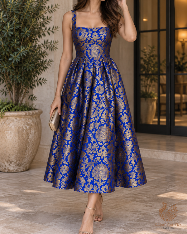 Royal Blue Banarasi Brocade Fabric With All Over Thread And Zari Handloom 24254