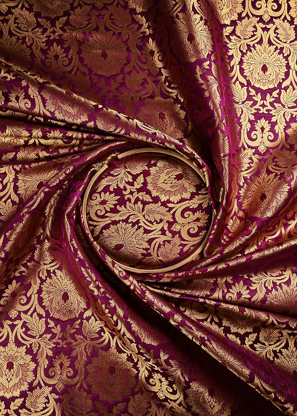Wine Banarasi Brocade Fabric With All Over Thread And Zari Handloom 24255