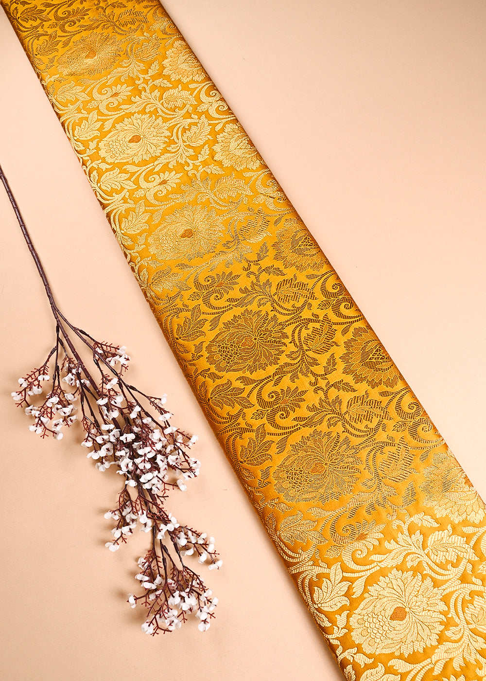 Mustard Banarasi Brocade Fabric With All Over Thread And Golden Zari Handloom 24256