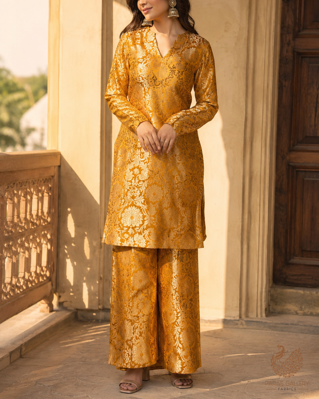 Mustard Banarasi Brocade Fabric With All Over Thread And Golden Zari Handloom 24256
