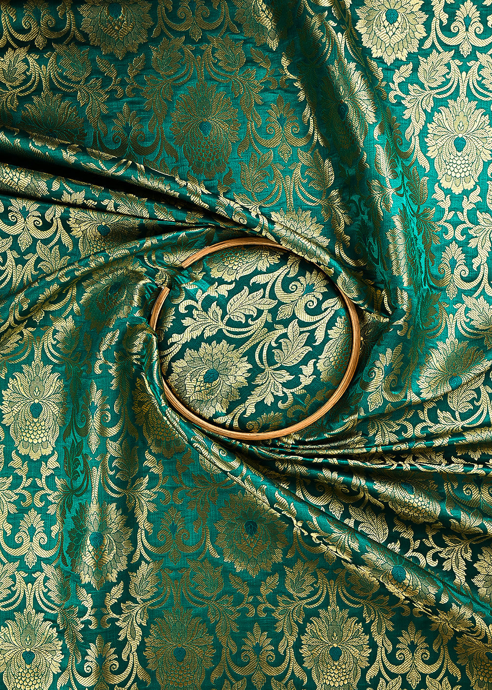 Teal Green Banarasi Brocade Fabric With All Over Thread And Golden Zari Handloom 24257