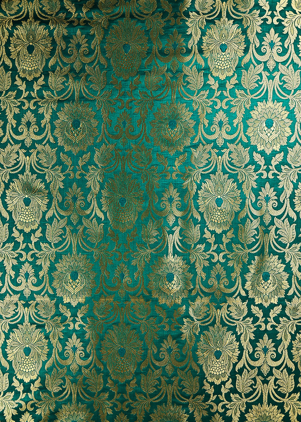 Teal Green Banarasi Brocade Fabric With All Over Thread And Golden Zari Handloom 24257