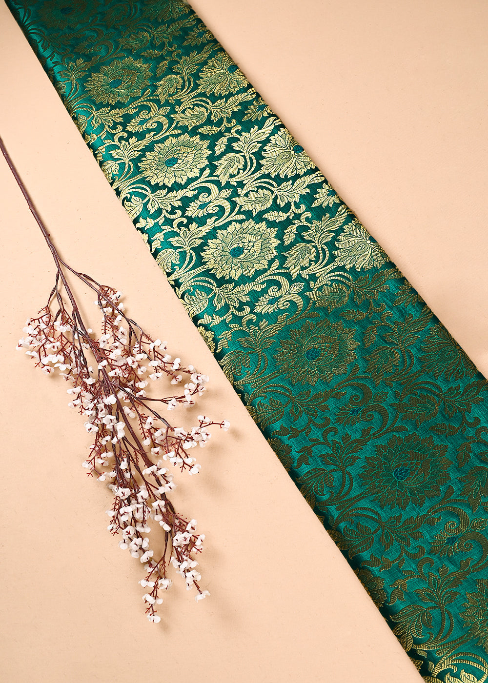 Teal Green Banarasi Brocade Fabric With All Over Thread And Golden Zari Handloom 24257