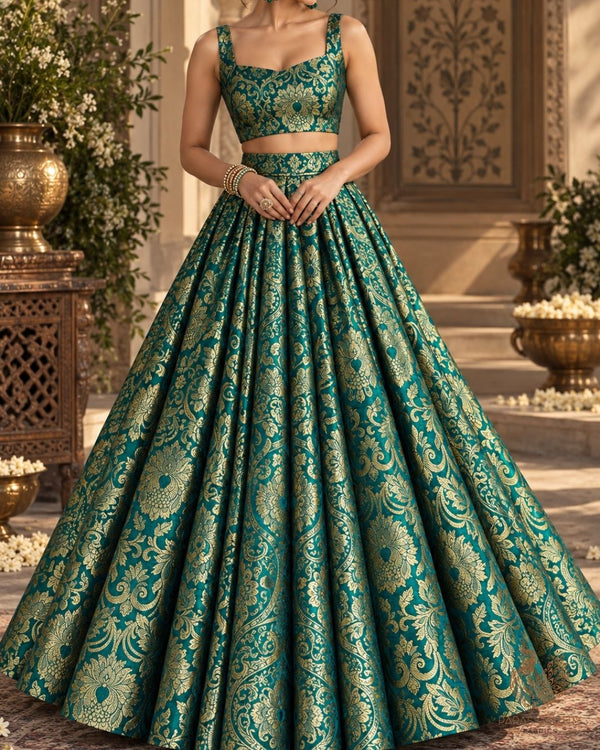 Teal Green Banarasi Brocade Fabric With All Over Thread And Golden Zari Handloom 24257