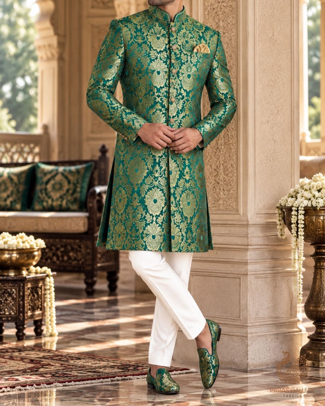 Teal Green Banarasi Brocade Fabric With All Over Thread And Golden Zari Handloom 24257
