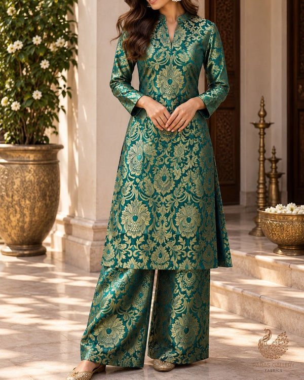 Teal Green Banarasi Brocade Fabric With All Over Thread And Golden Zari Handloom 24257
