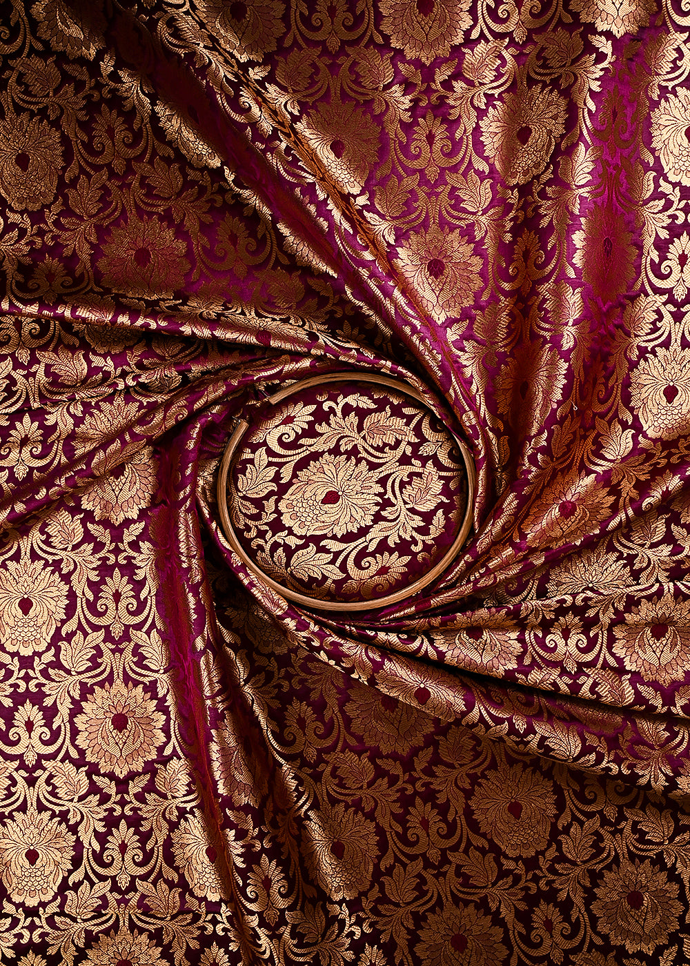 Maroon Banarasi Brocade Fabric With All Over Thread And Golden Zari Handloom 24258