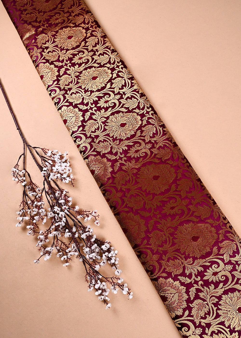 Maroon Banarasi Brocade Fabric With All Over Thread And Golden Zari Handloom 24258