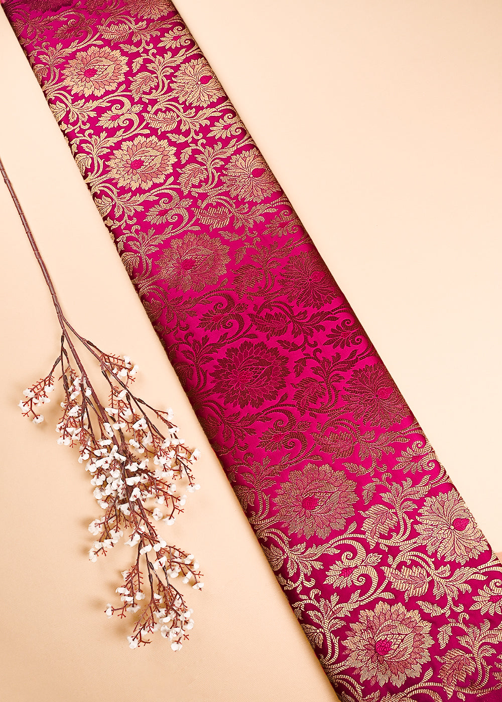 Magenta Banarasi Brocade Fabric With All Over Thread And Zari Handloom 24259