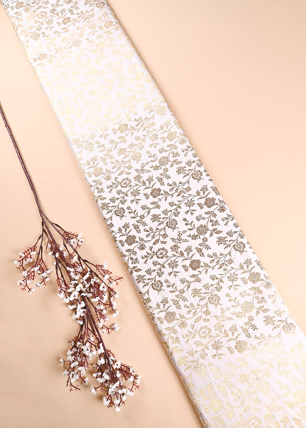 Off White Banarasi Brocade Fabric With All Over Thread And Zari Handloom 24260