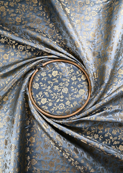 Grey Banarasi Brocade Fabric With All Over Thread And Zari Handloom 24261