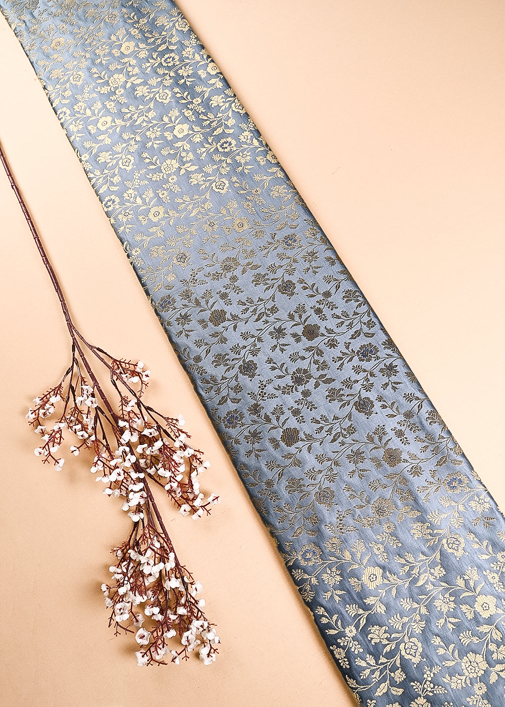 Grey Banarasi Brocade Fabric With All Over Thread And Zari Handloom 24261