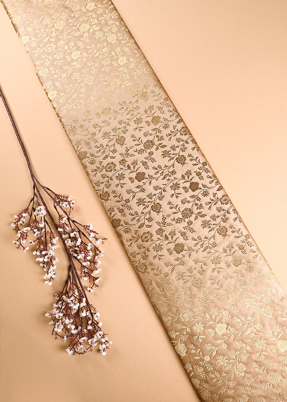 Golden Banarasi Brocade Fabric With All Over Thread And Zari Handloom 24262