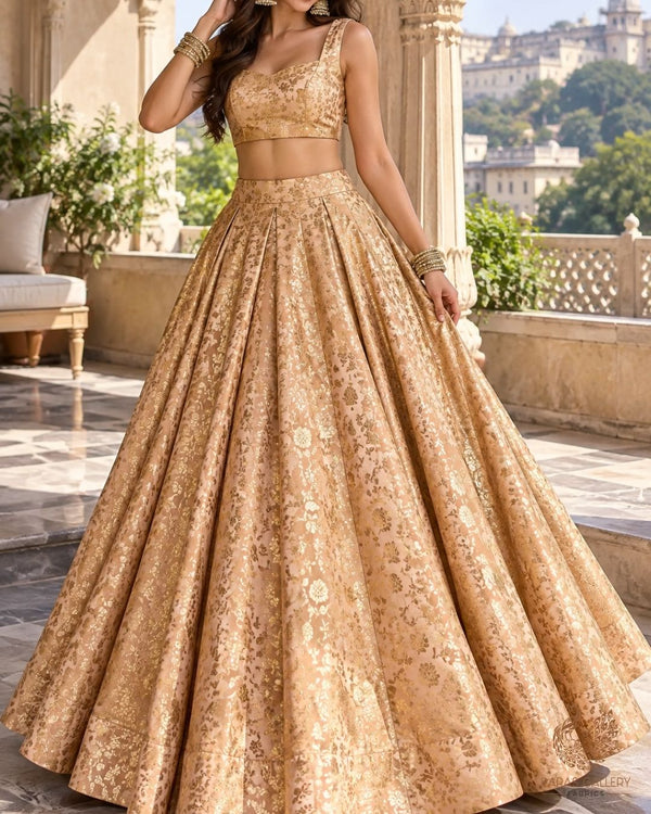 Golden Banarasi Brocade Fabric With All Over Thread And Zari Handloom 24262