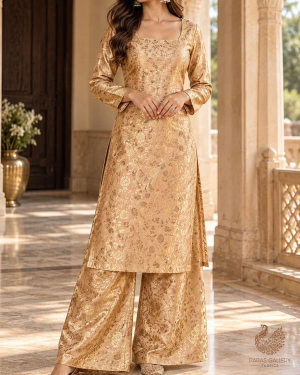 Golden Banarasi Brocade Fabric With All Over Thread And Zari Handloom 24262