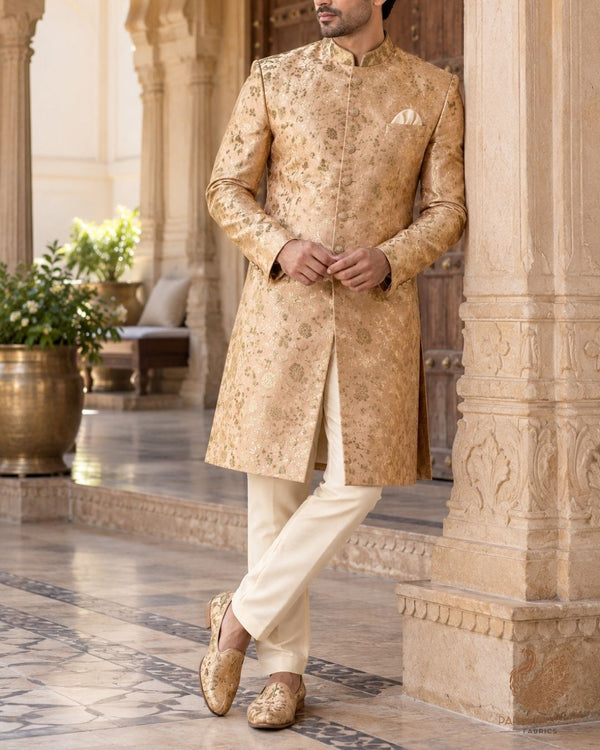 Golden Banarasi Brocade Fabric With All Over Thread And Zari Handloom 24262