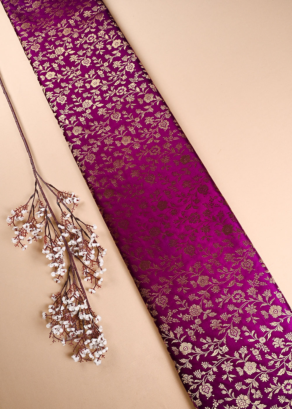 Purple Banarasi Brocade Fabric With All Over Thread And Zari Handloom 24263