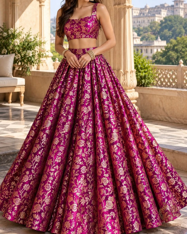 Purple Banarasi Brocade Fabric With All Over Thread And Zari Handloom 24263