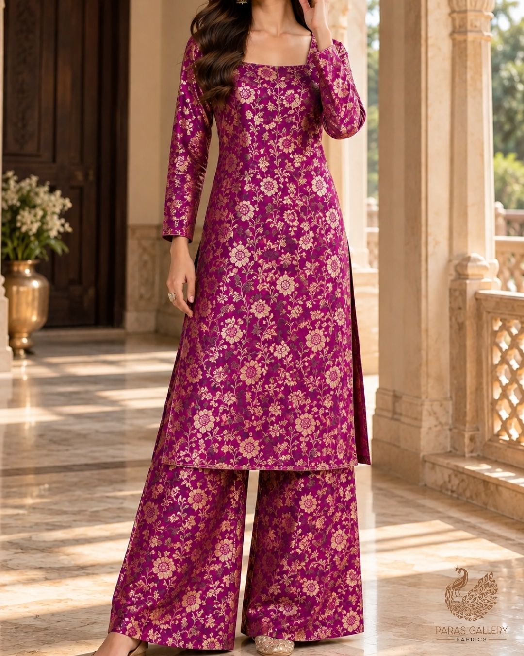 Purple Banarasi Brocade Fabric With All Over Thread And Zari Handloom 24263