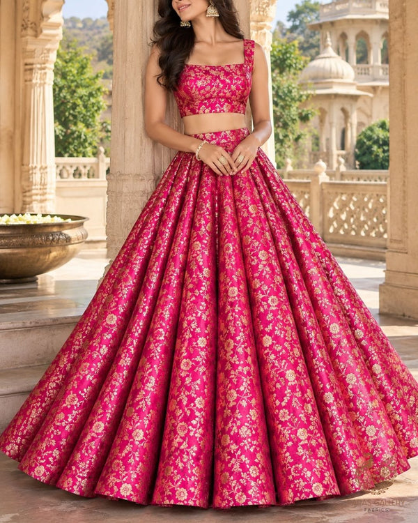 Magenta Banarasi Brocade Fabric With All Over Thread And Zari Handloom 24265
