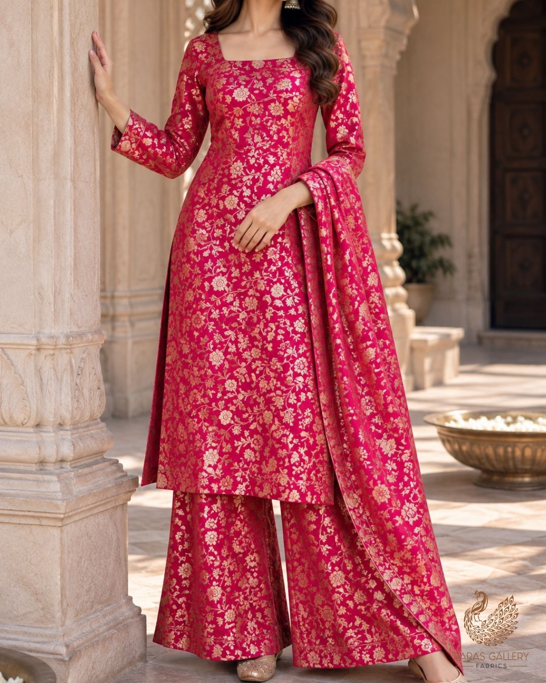 Magenta Banarasi Brocade Fabric With All Over Thread And Zari Handloom 24265