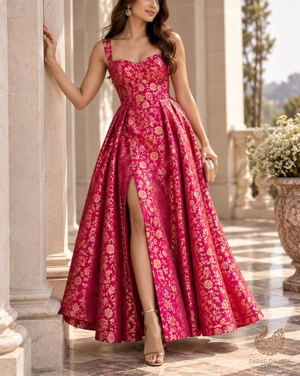 Magenta Banarasi Brocade Fabric With All Over Thread And Zari Handloom 24265