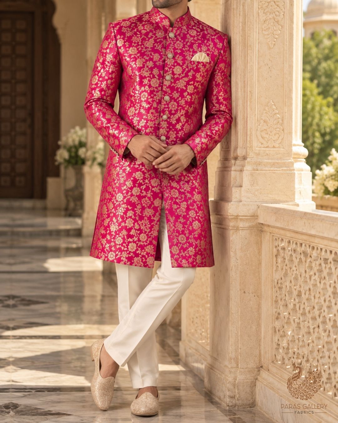 Magenta Banarasi Brocade Fabric With All Over Thread And Zari Handloom 24265