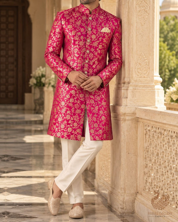 Magenta Banarasi Brocade Fabric With All Over Thread And Zari Handloom 24265
