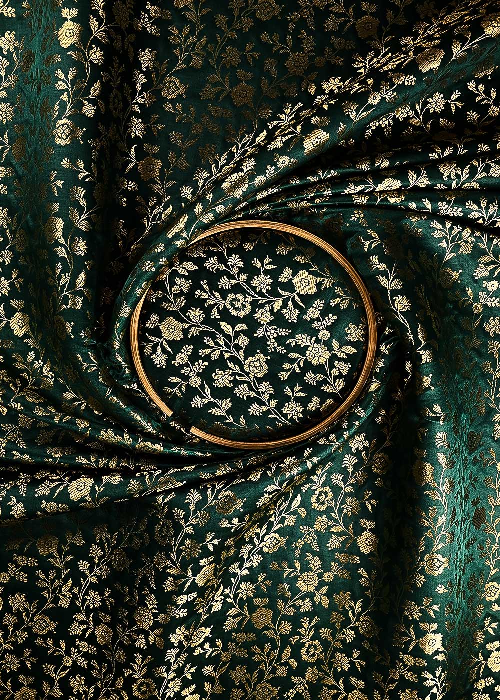 Bottle Green Banarasi Brocade Fabric With All Over Thread And Zari Handloom 24266