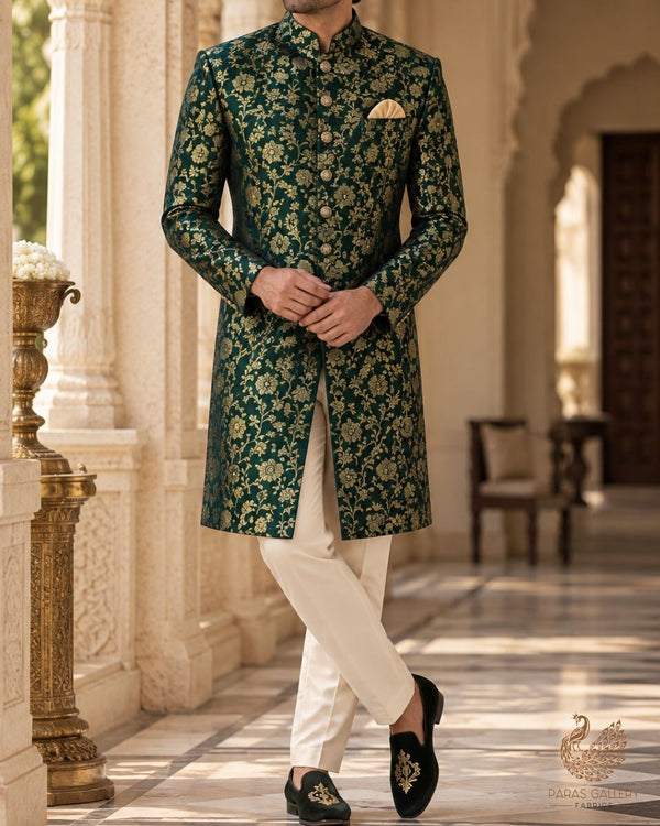 Bottle Green Banarasi Brocade Fabric With All Over Thread And Zari Handloom 24266
