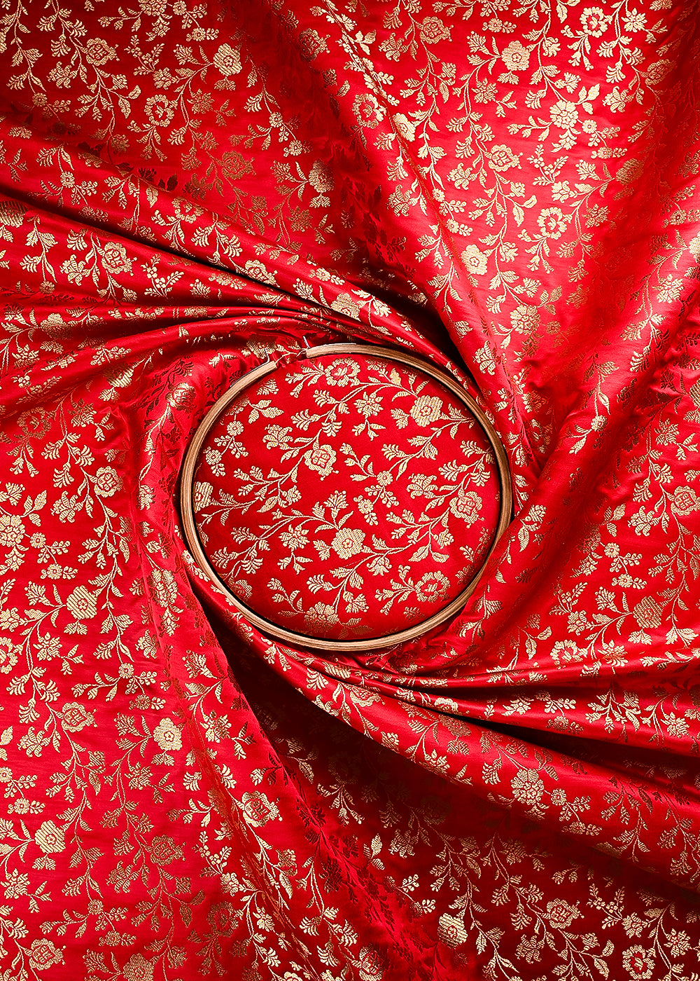 Red Banarasi Brocade Fabric With All Over Thread And Zari Handloom 24267