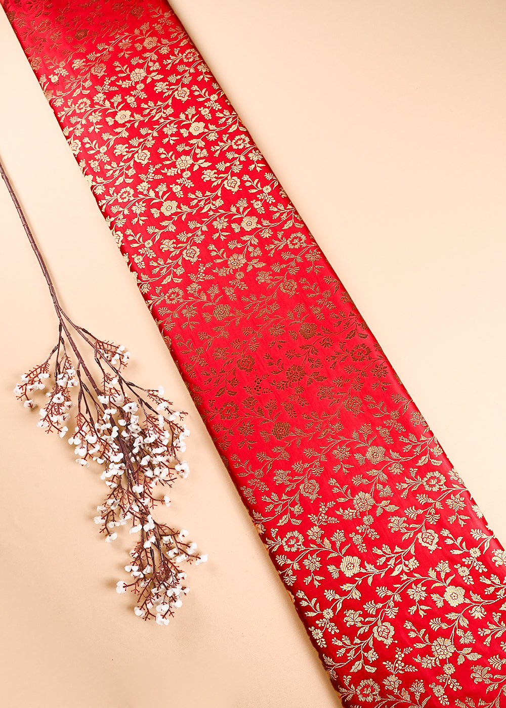 Red Banarasi Brocade Fabric With All Over Thread And Zari Handloom 24267