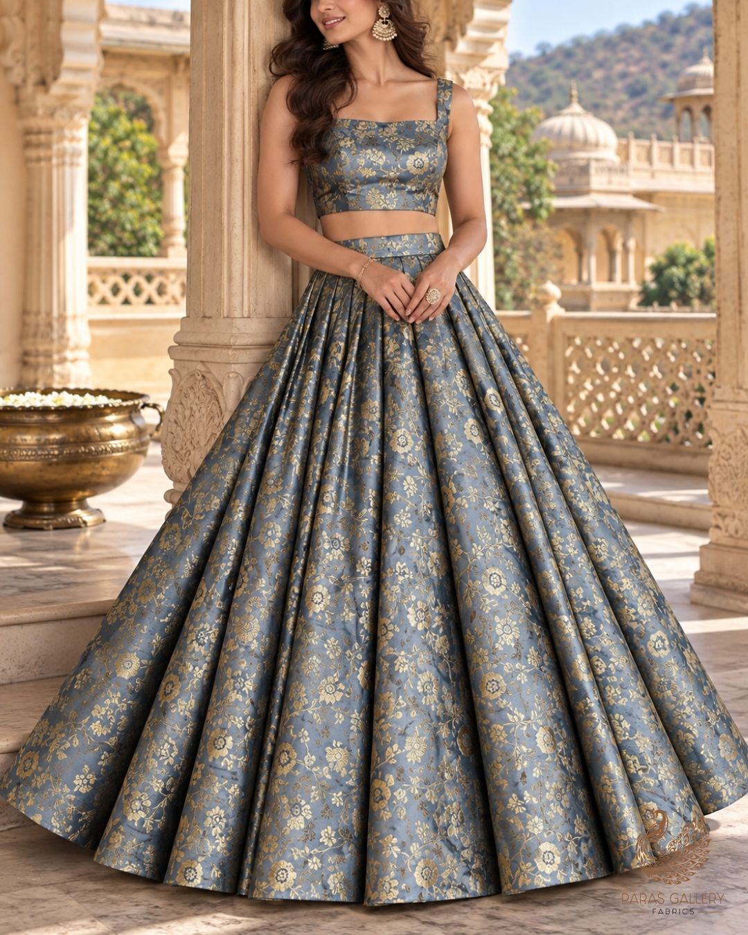 Grey Banarasi Brocade Fabric With All Over Thread And Zari Handloom 24261