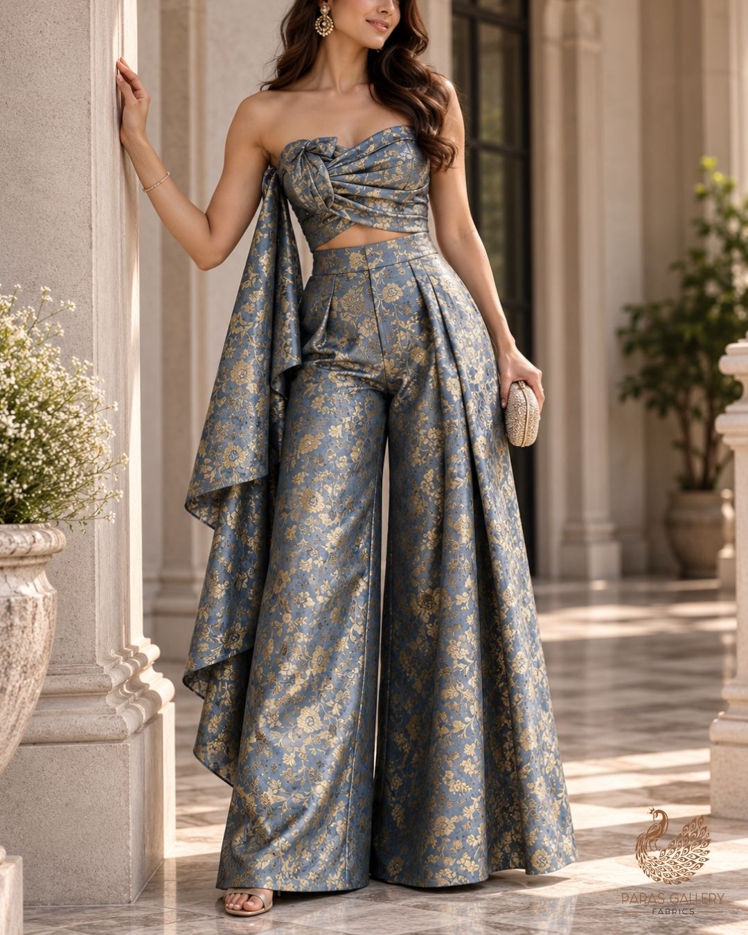 Grey Banarasi Brocade Fabric With All Over Thread And Zari Handloom 24261