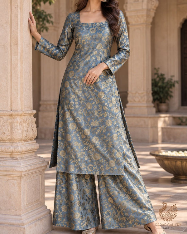 Grey Banarasi Brocade Fabric With All Over Thread And Zari Handloom 24261