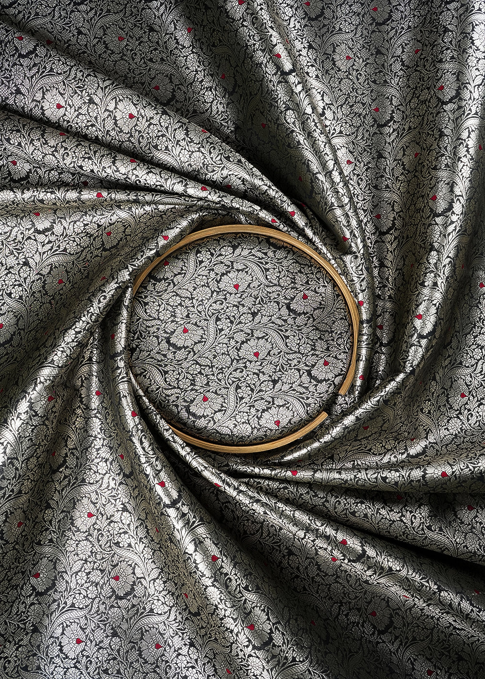 Black Banarasi Brocade Fabric With All Over Thread And Zari Handloom 24269