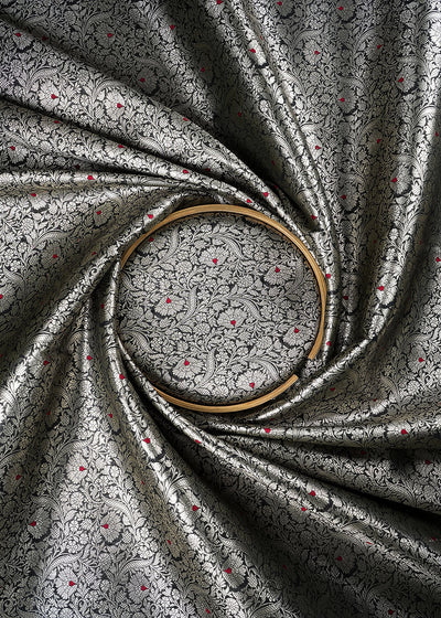 Black Banarasi Brocade Fabric With All Over Thread And Zari Handloom 24269